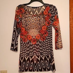 Mesmerize  orange & brown mixed floral pattern mesh top Sz M